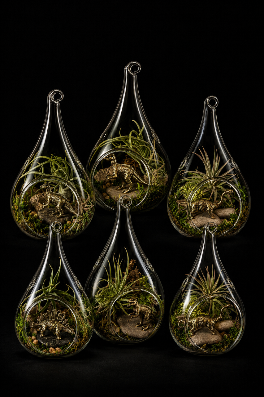 Glass mini terrarium with Tillandsia & dinosaur – 13 cm